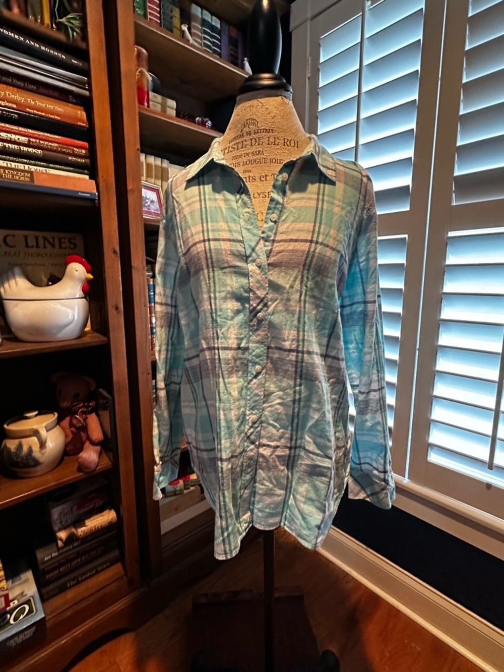 Talbots Plaid Button-Down Shirt in Aqua and White
